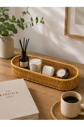 Rattan Oval Organizer Düzenleyici Masaüstü Tezgahüstü Yağlık Standı Çok Amaçlı Sepet 31 12cm Açık Sarı