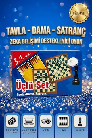 3'ü 1 Arada Tavla Dama Ve Satranç Eğitici Ve Eğlenceli 2 Kişilik Kutu Oyun Seti