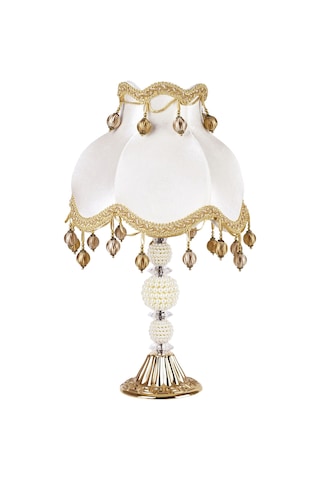 İki Adet Çiçek Dekorlu Abajur Gold Beyaz Klasik Ponponlu Model Altın
