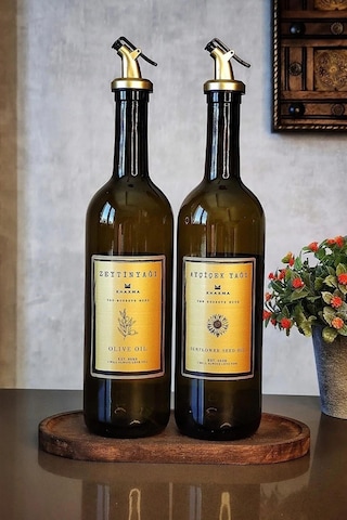 Khakma Ahşap Standlı Zeytinyağı Sıvıyağ Şişesi Yağdanlık 2'li Amber - Gold 750 ML