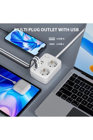 Motion003 8i 1 Arada Kompakt Kup Guc Seridi Beyaz 10 Ft Asiri Gerilim Korumasi 2 Ac Priz 4 Usb Port 2 Type C Port Ab Fis