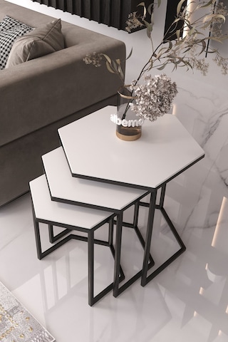 Usta Mekan Altıgen Siyah Metal Beyaz Mdf Tablalı 3lü Zigon Sehpa 6gen - Beyaz