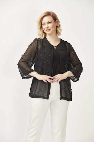 1951 Siyah İnci Ve Taş Baskılı Şifon Büyük Beden Şık Ceket Siyah