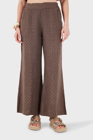 Via Dante % 100 Keten Relaxed Fit Brode İşlemeli Pantolon Bayan Pantolon 69912211 Kahve