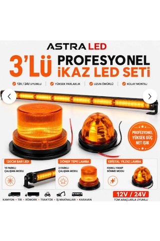 Astra Led 3 Lü Set 120 Cm Bar Led - Kristal Yıldız Lamba- Döner Tepe Lamba 12v 24v Profesyonel Led İkaz Lambası