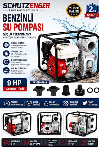 9 Hp 3 Inç Çıkışlı Benzinli Su Pompası 200 Mt Yatay Su Basar 4 Zamanlı Motor Turbo Güç Kırmızı