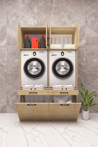 Mdf Çamaşır Makinesi Ve Kurutma Makinesi Dolabı Çift Sepetli Ahşap Lefkas Meşe