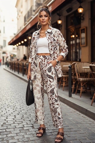 Etnik Desen Baskılı Keten Takım Kahverengi