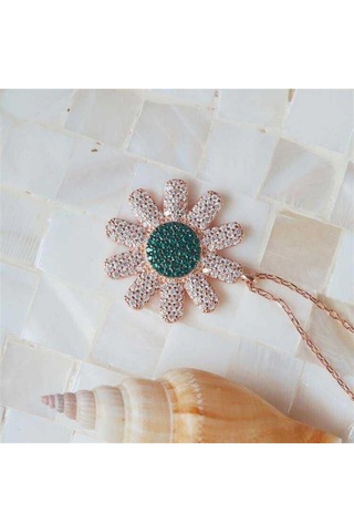 Yeşil ve Beyaz Zirkon Taşlı Papatya Kadın 925 Ayar Gümüş Kolye-1855