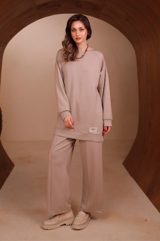 Balenbi Kadın Oysh Modal Kumaş Oversize 80 Cm Tunik Bol Paça Pantolon Tesettür Takım 1228 Bej