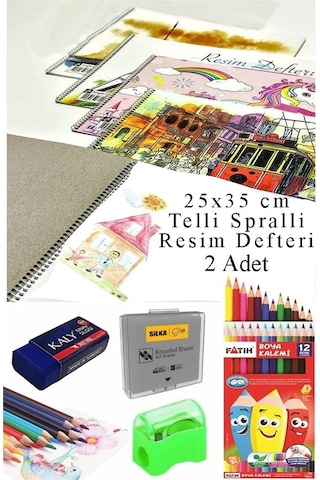 12 Renk Fatih Kuru Boya 25x35 Cm Telli Spralli Resim Defteri Hamur Silgi Kalemtraş 15 Yaprak Resim Defteri Kuruboya Çok Renkli