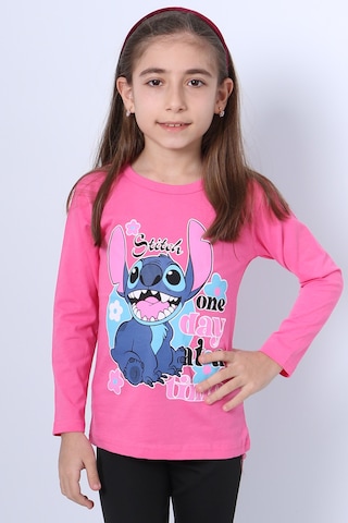 Hçm Kız Çocuk Uzun Kollu Tshirt 4 Mevsim Bisiklet Yaka Karakter Baskılı C34 Pembe