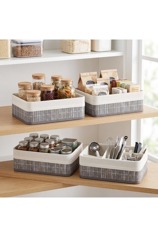Lexroo Bambu Detaylı Çok Amaçlı Saklama Kutusu 25x15x8 Cm Dekoratif Kumaş Organizer Çok Renkli