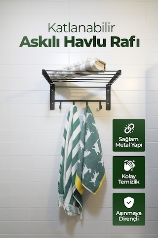 Banyo İçin Katlanabilir Askılı Havlu Rafı - 45x22 Cm - Siyah