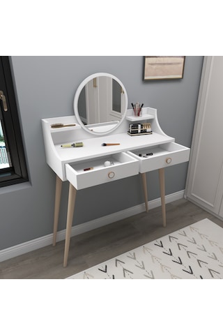 Arnetti Roys Aynalı Makyaj Masası Ahşap Ayaklı Beyaz