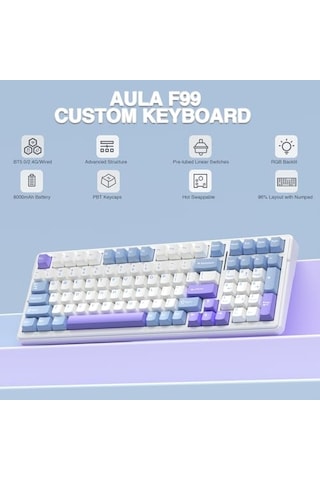 F99 3 Modlu Rgb Hot Swap Mekanik Linear Graywood V3 Switch Kablosuz Makrolu Klavye Lila