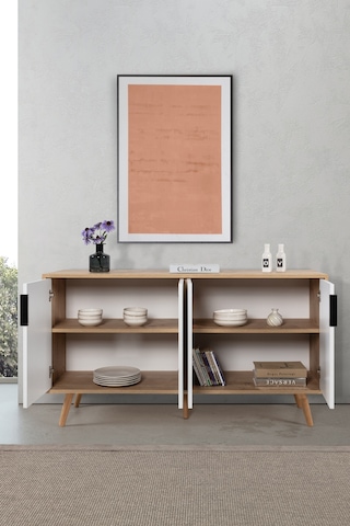 4515 Sırma 150 Cm Ahşap Ayaklı , Metal Kulplu Konsol , Safir - Beyaz , Salon , Oturma Odası Safir - Beyaz