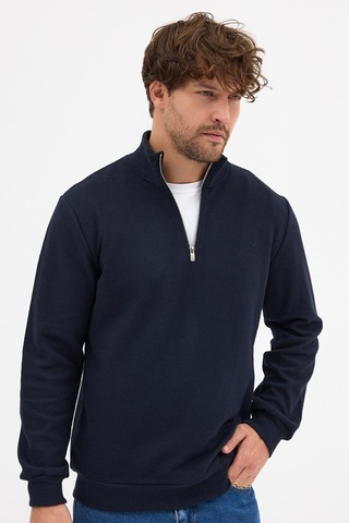Mmetalic Erkek Lacivert Standart Fit Normal Kesim Pamuklu Yarım Fermuarlı Dik Yaka Pamuklu Sweatshirt Lacivert