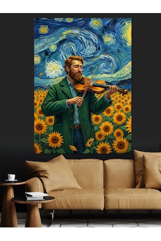 Ahşap Tablo Van Gogh Tarzı Yıldızlı Gecede Ayçiçek Tarlasındaki Kemancı Adam