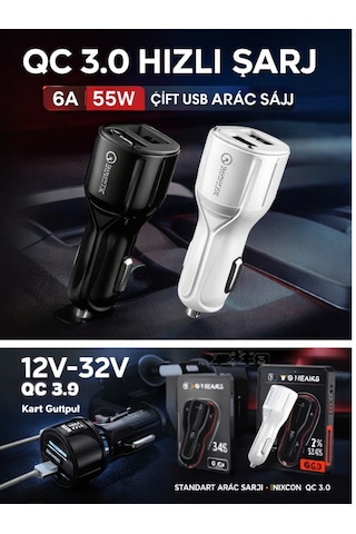 Nixcon 6a Qc 3.0 Çift Usb Araç Şarj Cihazı 35w Hızlı Şarj Siyah/beyaz - Renk: Siyah