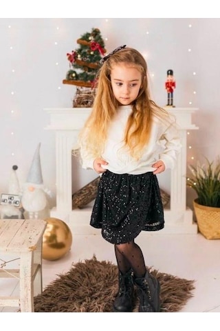 Çikoby Kız Çocuk Crop Bluz Pul Payetli Etekli Takım-14891 Ekru