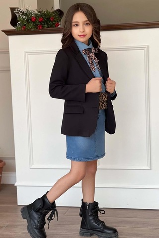 Riccotarz Kız Çocuk Leopar Desenli Fiyonk Detaylı Kot Gömlek Siyah Blazer Ceket Etekli Takım 001