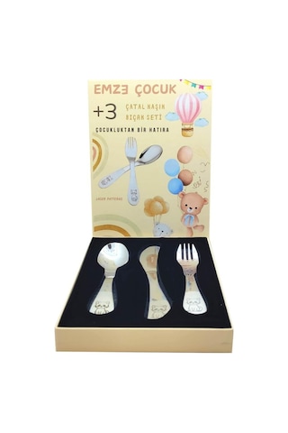 Paslanmaz Çelik Kutulu Çocuk Çatal Kaşık Bıçak Seti Kedicik Desenli GÜmüş