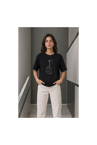 Butik İstanbul Minimal Gitar Baskılı Tişört T-shirt Yazlık Kısa Kol Bisiklet Yaka T-shirt - Siyah