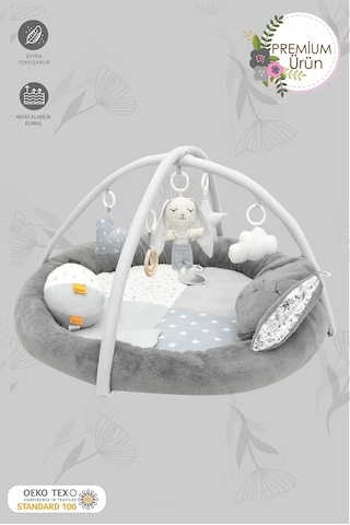 Mordesign Bebek Oyun Alanı, Tavşanlı Bebek Aktivite Matı, Yumuşak Oyun Matı, Baby Gym Serisi, Gri