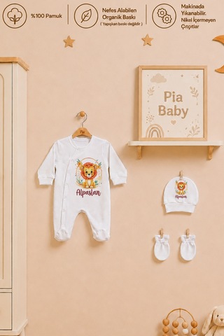 Pia Baby İsme Özel Erkek Bebek Tulum %100 Pamuk Organik Baskılı İsimli Bebek Tulumu Ham Bez Kıyafet Kesesi Bebek Hediye Seti 1011tk3x Krem