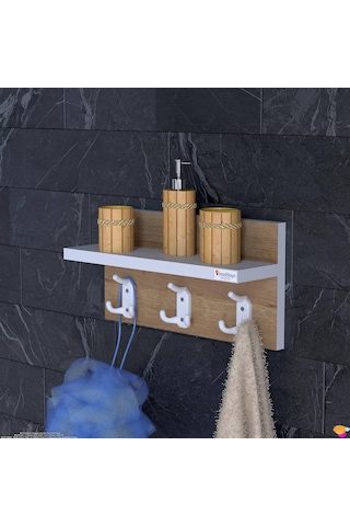 Modilayn Kedi Serisi 3 Lü Banyo Askısı Seti: 31,4x18 Cm, 9 Kancalı Raflı Düzenleyici. Beyaz