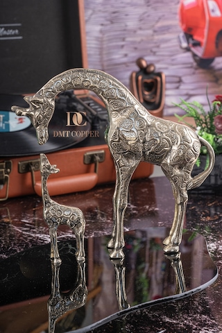 Pirinç Döküm Zürafa Biblo 2 Li Set 20 Cm Ve 12 Cm Dekoratif Zürafa Heykeli