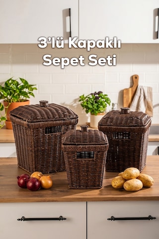 Porsima Pbt-919-1 3lü Hasır Sepet Kapaklı Bambu Sepet Seti Dekoratif Banyo Mutfak Düzenleyici Patates Soğan Sepeti Organizeri Ahşap