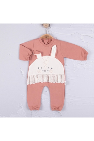Candar 3-12 Ay Kız Bebek Tulum Tavşan Nakışlı Güpürlü Pembe Pembe