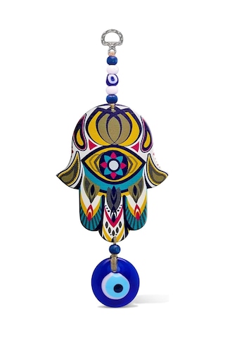 İlyasoğlu Hamsa Lazer Kesim Tahta Renkli Desenli Duvar Süsü Cam Nazarlık Sallantılı Tahta Model 3 26x10cm