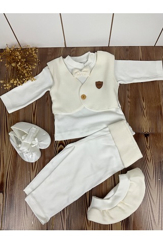 Zıpır Bebe Papyonlu Bebek Takım Ekru
