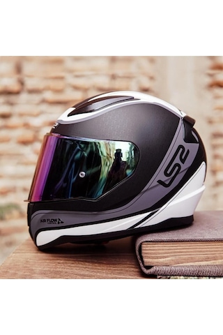 Koyu Mavi Vizörlü + Ls2 Rapid Deeper Full Face Motosiklet Kaskı Beyaz - Siyah