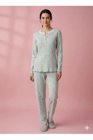 Dantel Yaka Detaylı Pamuklu Penye Kumaş Pijama Takımı Açık Yeşil