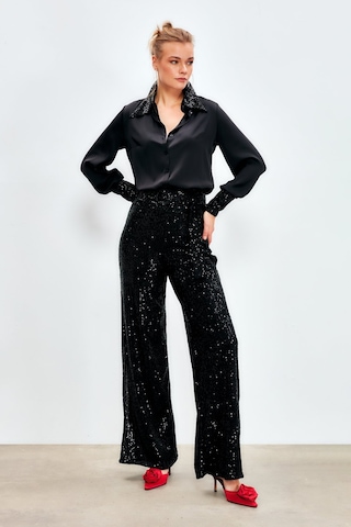 Sateen Kemerli Payet Pantolon - Siyah