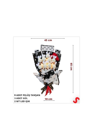 9 Beyaz Pelüş Tavşanlı Led Işıklı Siyah Buket, 65cm x 45cm