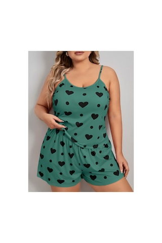 Lily Bianca Nightwear Desenli Askılı Ve Şortlu Büyük Beden Penye Gecelik Yeşil