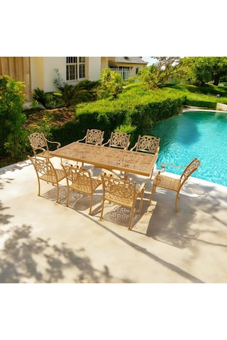 Aden Dikdörtgen 8 Kişilik Masa Takımı Döküm Alüminyum Rehome Sarı