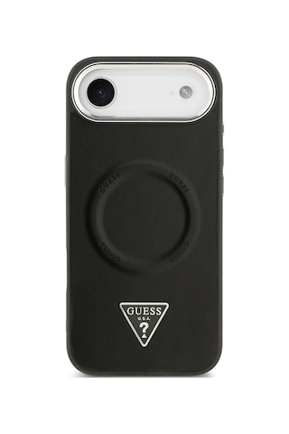 Apple Uyumlu iPhone 17 Air Kılıf Guess Lisanslı M-safeli Pu Deri Metal Kamera Çerçeveli Üçgen Logolu Siyah Siyah
