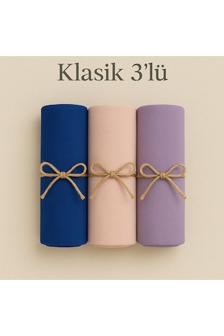 Mim Eşarp Penye Pamuksu Şal Klasik 3 Lü Set Saks - Pudra - Lila