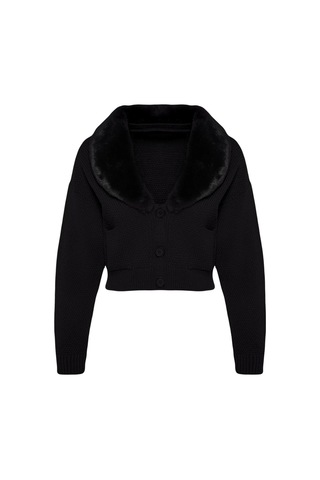 Frm Kadın Moda Şık Crop V Yaka Regular Crop Kürk Detaylı Triko Hırka Siyah