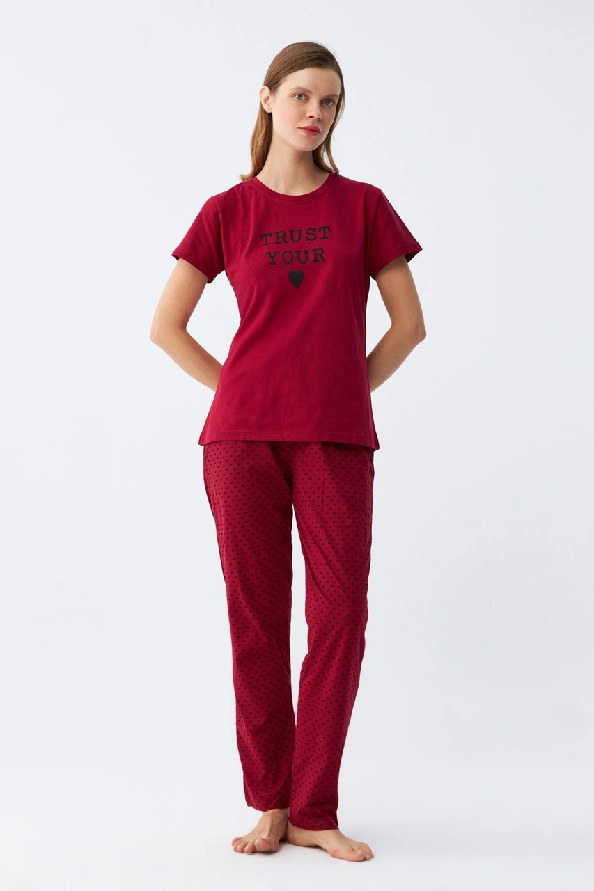 Akbeniz Kadın Bordo Kalp Desenli Kısa Kollu Penye Pijama Takımı Bordo
