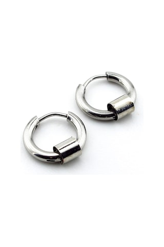 Silindir Halkali Gümüş Renk Çelik Erkek Halka Küpe E983 Metalik