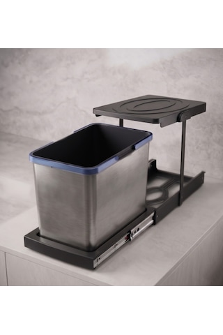 Cassone 16 Litre Kısa Eviye Altı Dolaba Uygun Dolap İçi Raylı Antrasit Paslanmaz Krom Çöp Kovası - Kapak Genişliği 40 Cm Antasit