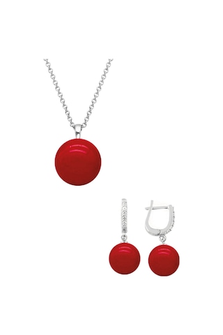 Gümüş Yuvarlak Model Kolye Küpe Mercan Taşlı Set 8 Mm