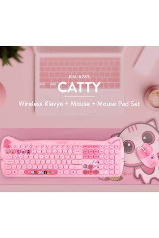 Everest Km-6283 Catty Kablosuz Ultra Sessiz Özel Tasarımlı Q Klavye & Mouse + Mouse Pad Set Bej